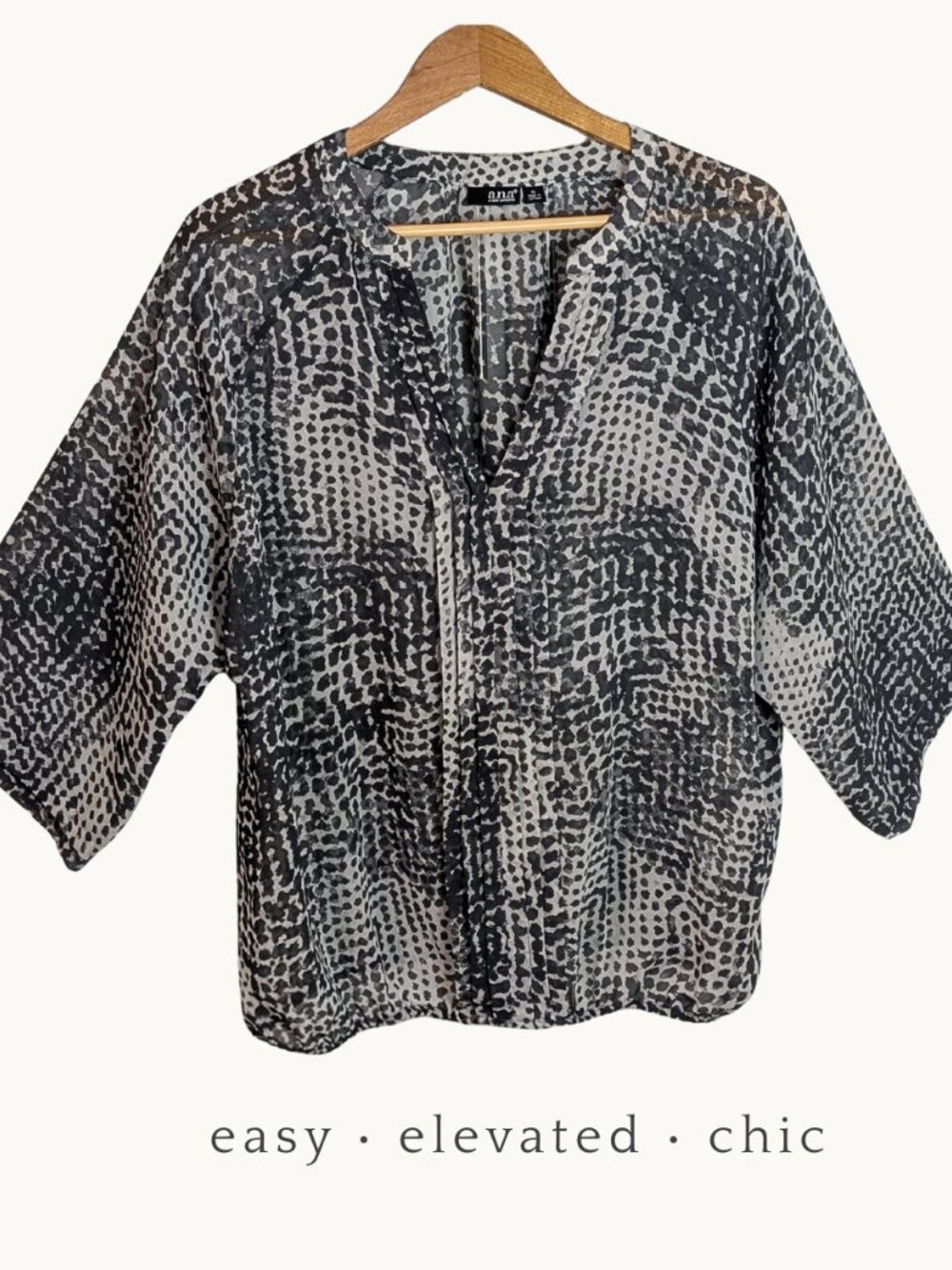 Sheer Abstract Print Drapey Pleated V-Neck Popover Blouse XL Office Easy Boho